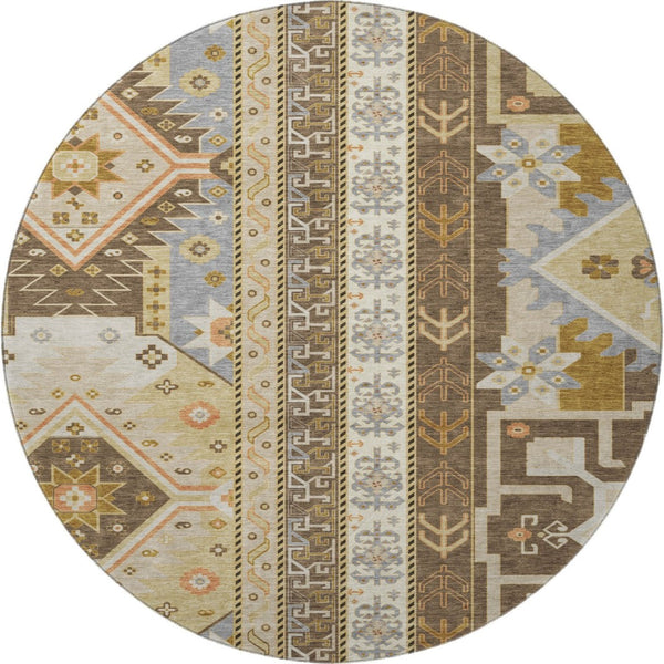 HomeRoots 8' Southwestern Washable Round Rug in Brown, Gray & Gold - UV Protection, Stain Resistant, Durable Design 679621