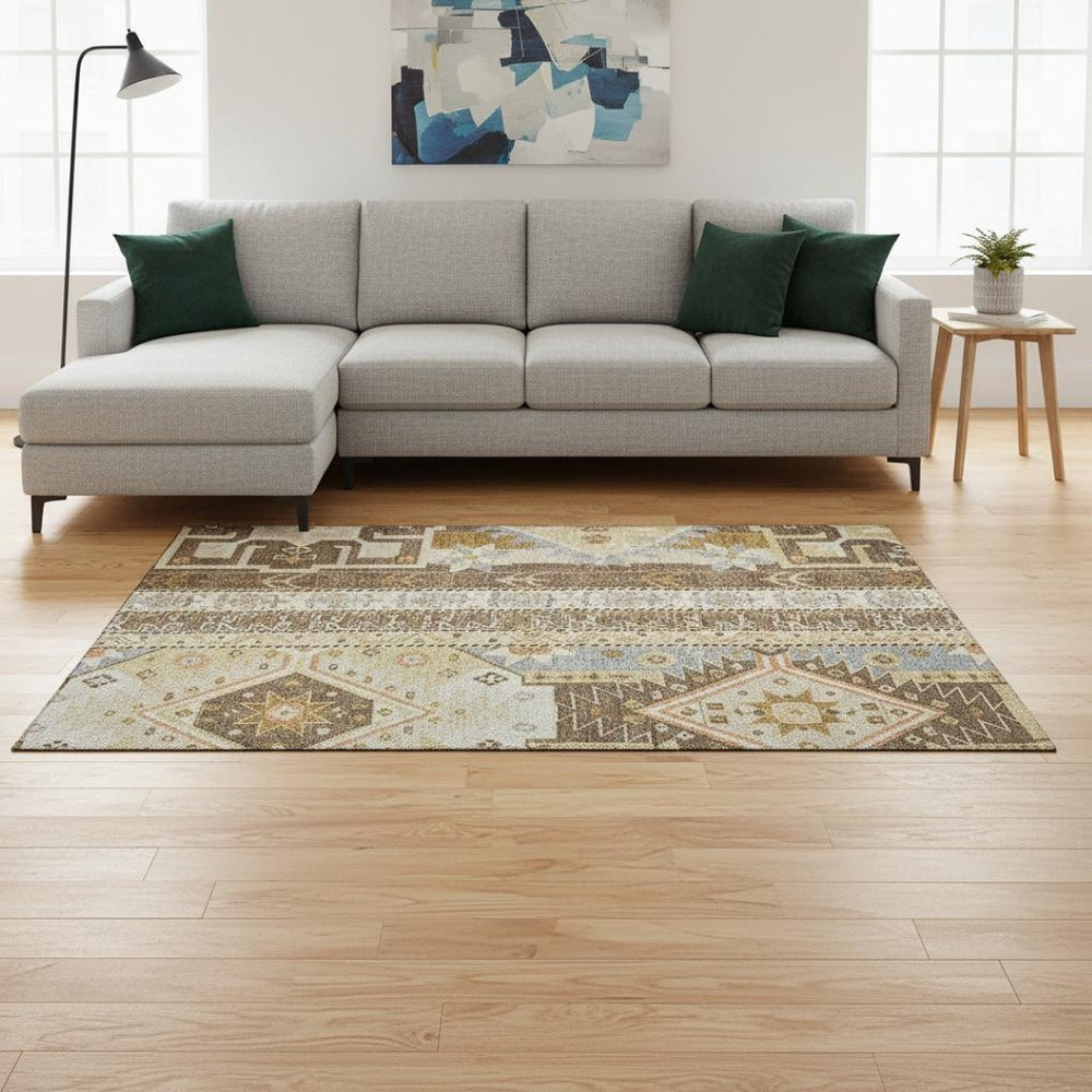 HomeRoots 8' X 10' Southwestern Washable Area Rug - Durable, UV-Protected, Stylish Brown, Gray & Gold Design 679622