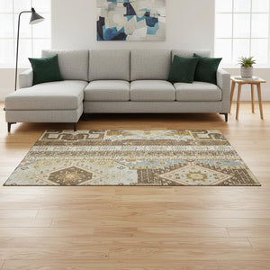 HomeRoots 8' X 10' Southwestern Washable Area Rug - Durable, UV-Protected, Stylish Brown, Gray & Gold Design 679622