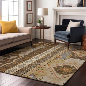HomeRoots 8' X 10' Southwestern Washable Area Rug - Durable, UV-Protected, Stylish Brown, Gray & Gold Design 679622