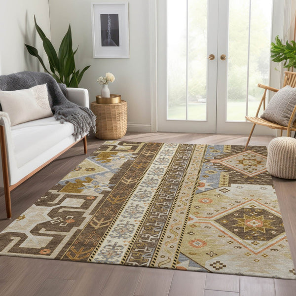 HomeRoots 8' X 10' Southwestern Washable Area Rug - Durable, UV-Protected, Stylish Brown, Gray & Gold Design 679622