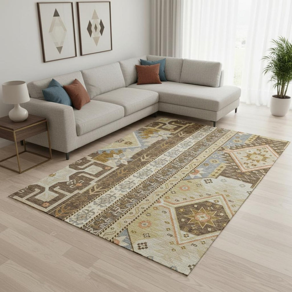 HomeRoots 9' X 12' Brown Gray Gold Southwestern Area Rug - Durable, Washable, UV-Protected for Busy Homes 679623