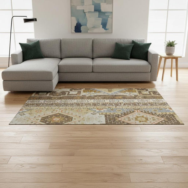 HomeRoots 10' Southwestern Washable Area Rug in Brown, Gray & Gold - UV Protected for Family-Friendly Living 679624