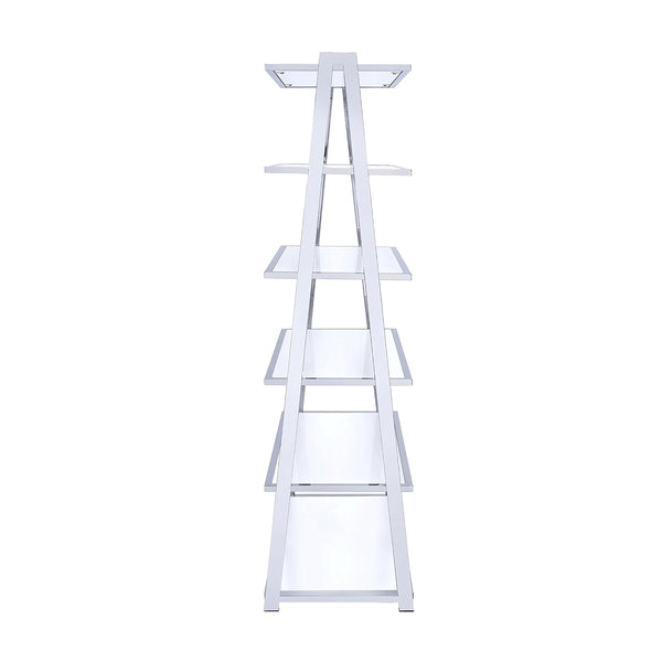 English Elm 6-Tier Leaning Bookcase White High Gloss with Chrome Frame, 6 Open Shelves for Books & Display Decor B016S00016