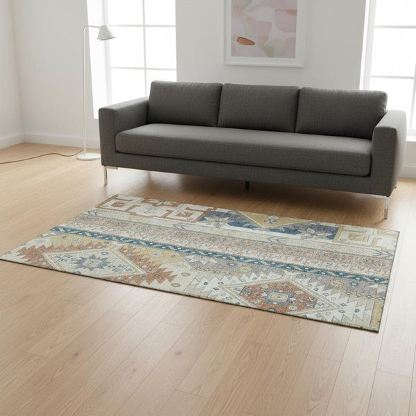 HomeRoots 5' X 8' Southwestern Area Rug in Ivory, Copper & Teal - Washable, UV Protected, Durable & Stylish 679626