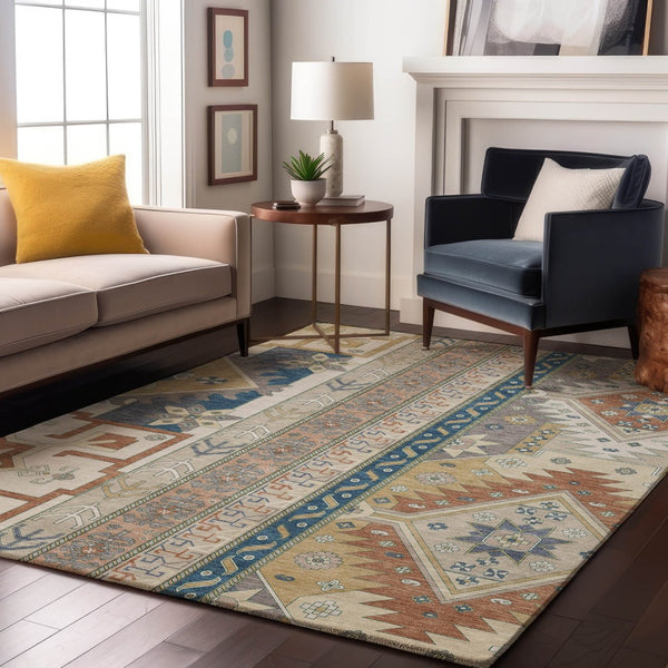 HomeRoots 5' X 8' Southwestern Area Rug in Ivory, Copper & Teal - Washable, UV Protected, Durable & Stylish 679626