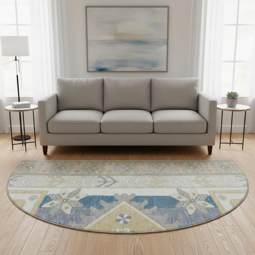 HomeRoots 8' Southwestern Round Rug in Ivory, Copper & Teal – Washable, UV-Protected, Durable & Stylish Decor 679627