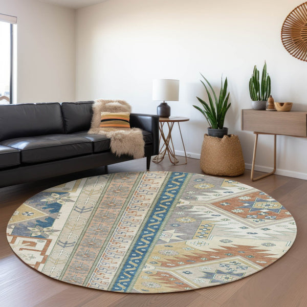HomeRoots 8' Southwestern Round Rug in Ivory, Copper & Teal – Washable, UV-Protected, Durable & Stylish Decor 679627
