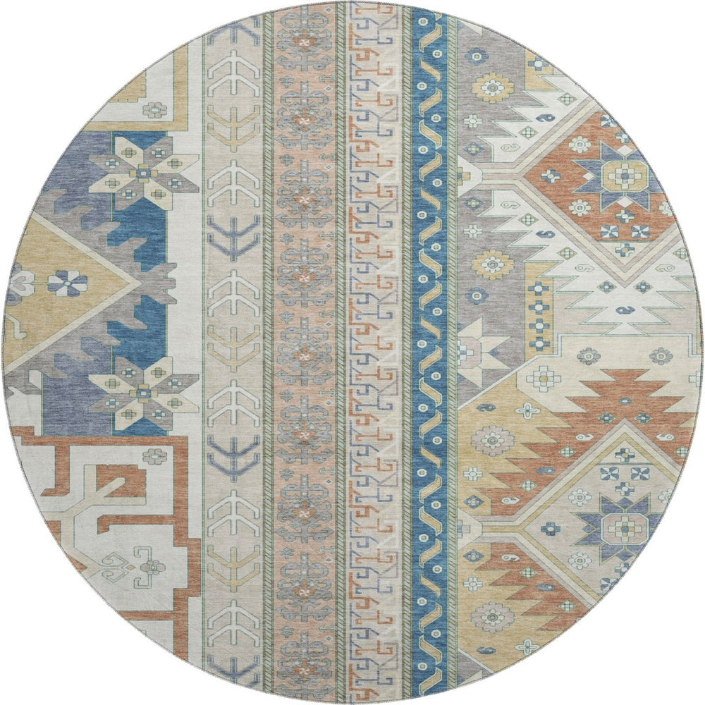 HomeRoots 8' Southwestern Round Rug in Ivory, Copper & Teal – Washable, UV-Protected, Durable & Stylish Decor 679627