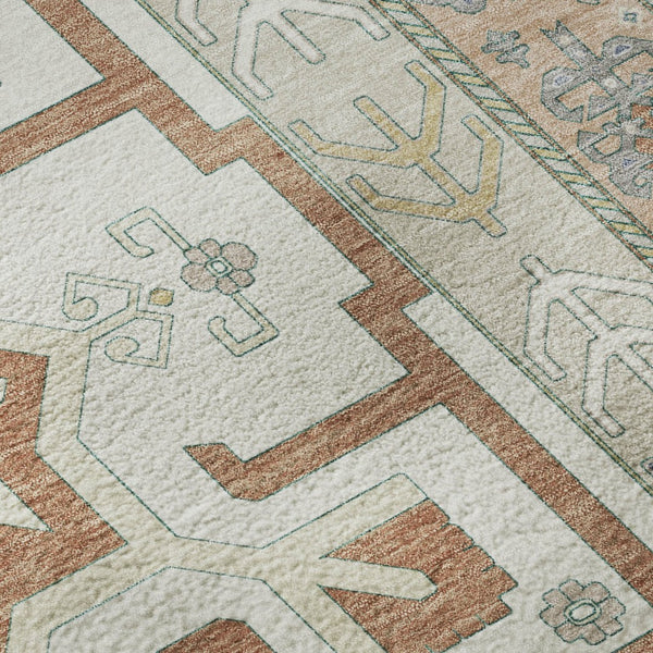 HomeRoots 8' Southwestern Round Rug in Ivory, Copper & Teal – Washable, UV-Protected, Durable & Stylish Decor 679627