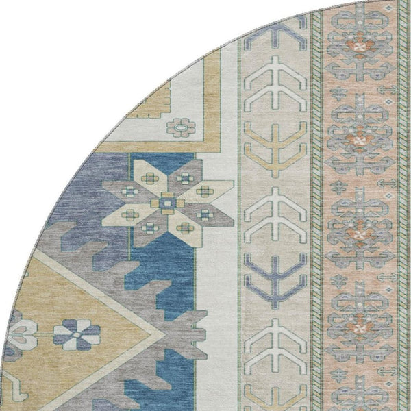 HomeRoots 8' Southwestern Round Rug in Ivory, Copper & Teal – Washable, UV-Protected, Durable & Stylish Decor 679627