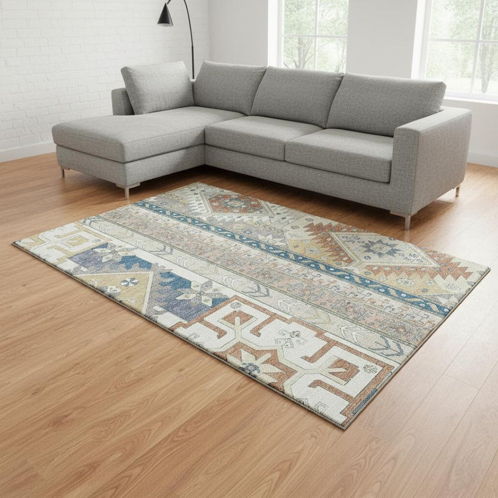 HomeRoots 8' X 10' Southwestern Washable Area Rug in Ivory, Copper & Teal - Durable, UV-Resistant Design 679628