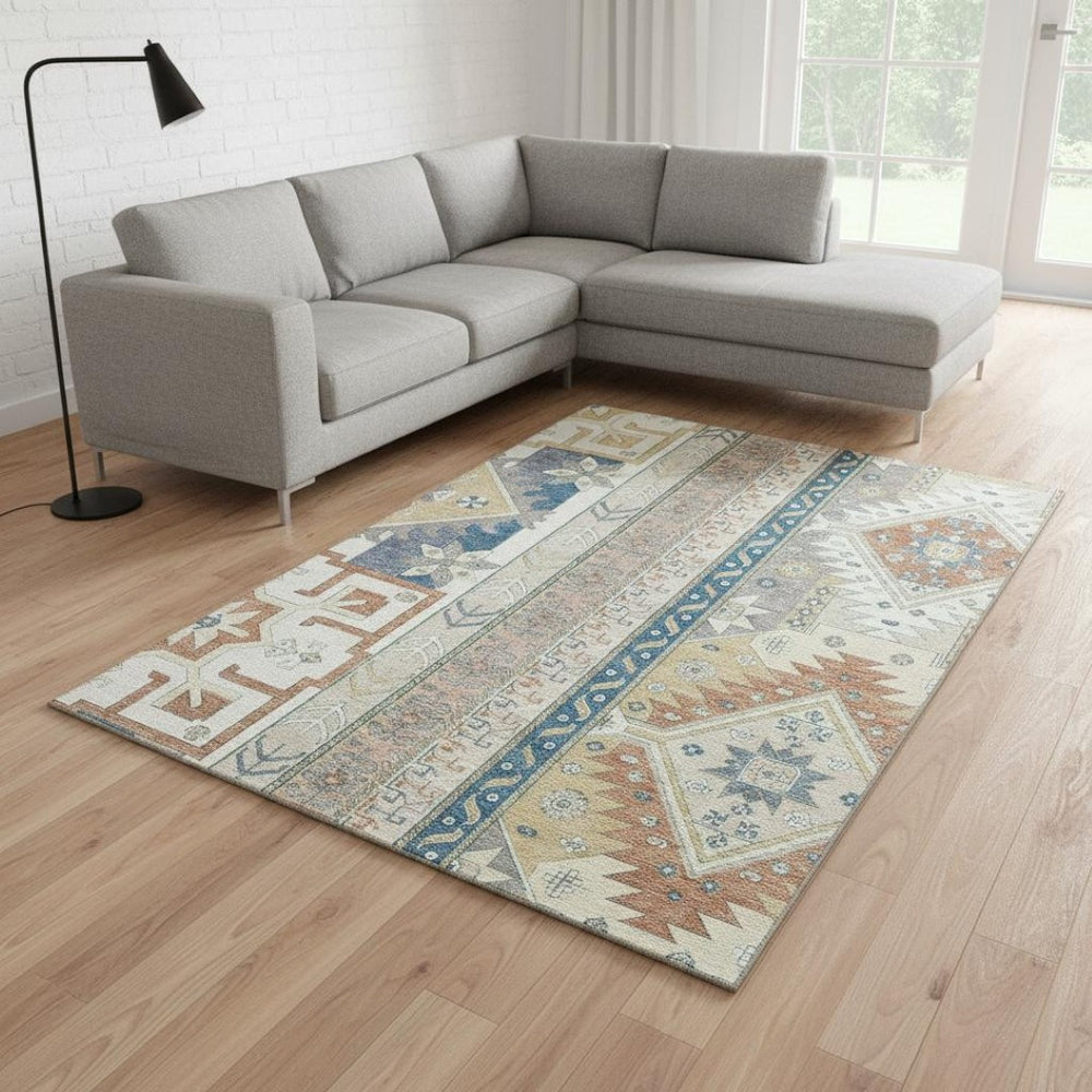 HomeRoots 9' X 12' Southwest Area Rug in Ivory, Copper & Teal – Durable, Washable, UV Protected for Homes 679629