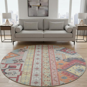 HomeRoots 8' Linen Blush and Gray Southwestern Round Rug – Durable, Washable, UV-Protected for Stylish Spaces 679633
