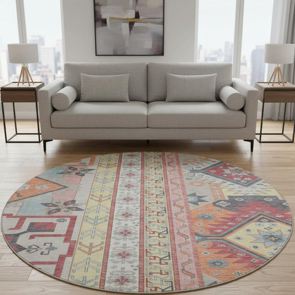 HomeRoots 8' Linen Blush and Gray Southwestern Round Rug – Durable, Washable, UV-Protected for Stylish Spaces 679633