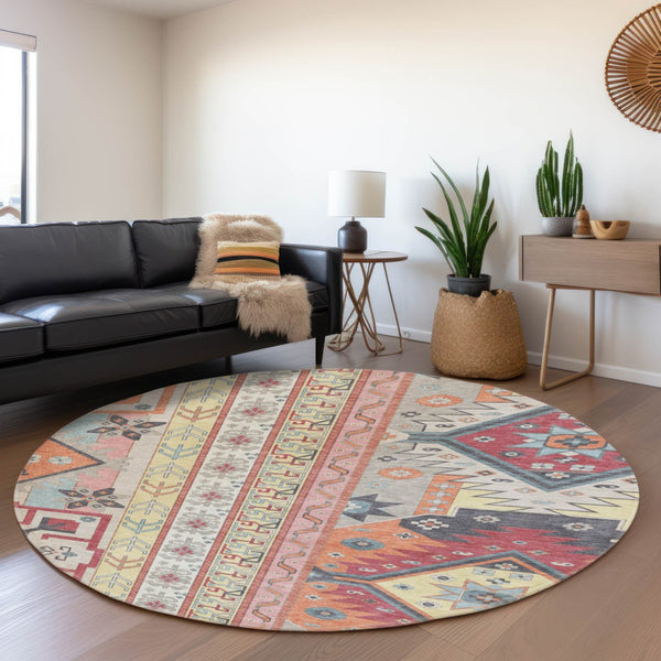 HomeRoots 8' Linen Blush and Gray Southwestern Round Rug – Durable, Washable, UV-Protected for Stylish Spaces 679633