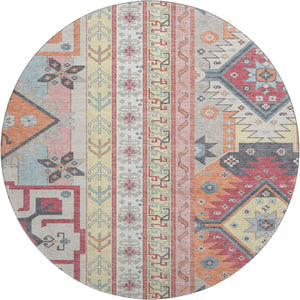 HomeRoots 8' Linen Blush and Gray Southwestern Round Rug – Durable, Washable, UV-Protected for Stylish Spaces 679633