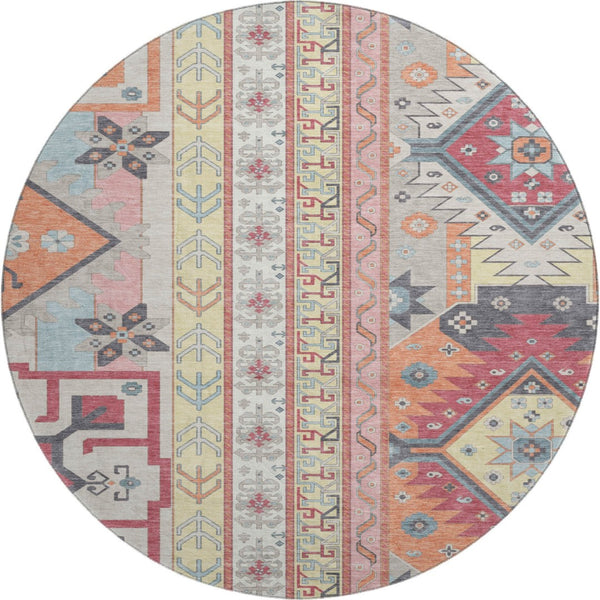 HomeRoots 8' Linen Blush and Gray Southwestern Round Rug – Durable, Washable, UV-Protected for Stylish Spaces 679633