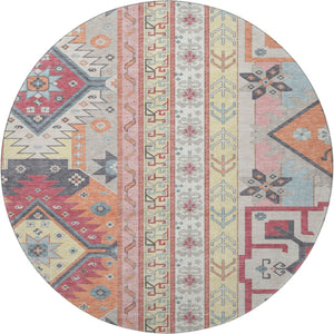 HomeRoots 8' Linen Blush and Gray Southwestern Round Rug – Durable, Washable, UV-Protected for Stylish Spaces 679633