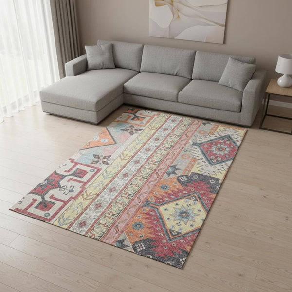HomeRoots 9' X 12' Linen Blush & Gray Southwestern Washable Area Rug - UV Protected, Durable & Stylish Design 679635