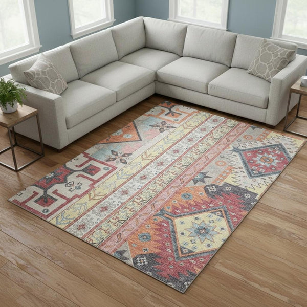 HomeRoots 10' X 14' Southwestern Washable Area Rug - Linen Blush & Gray, UV Protected, Stain Resistant Design 679636