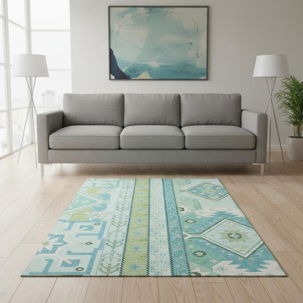 HomeRoots 5' X 8' Southwestern-Inspired Mint Green Area Rug - Durable, Washable, UV-Protected & Easy Care 679638