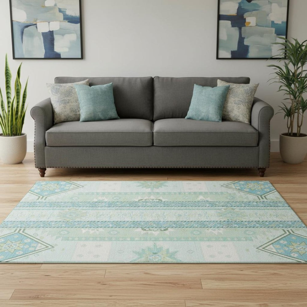 HomeRoots 8' Southwestern Round Rug in Mint Green, Ivory & Teal - Washable, UV-Protected for Active Homes 679639