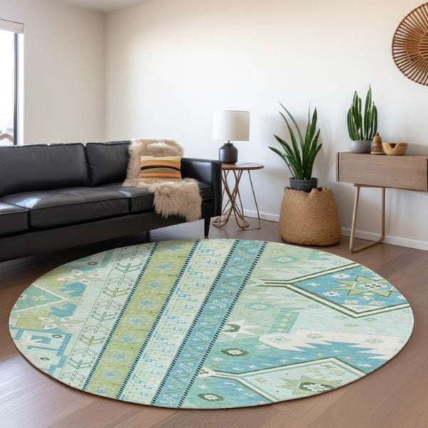 HomeRoots 8' Southwestern Round Rug in Mint Green, Ivory & Teal - Washable, UV-Protected for Active Homes 679639
