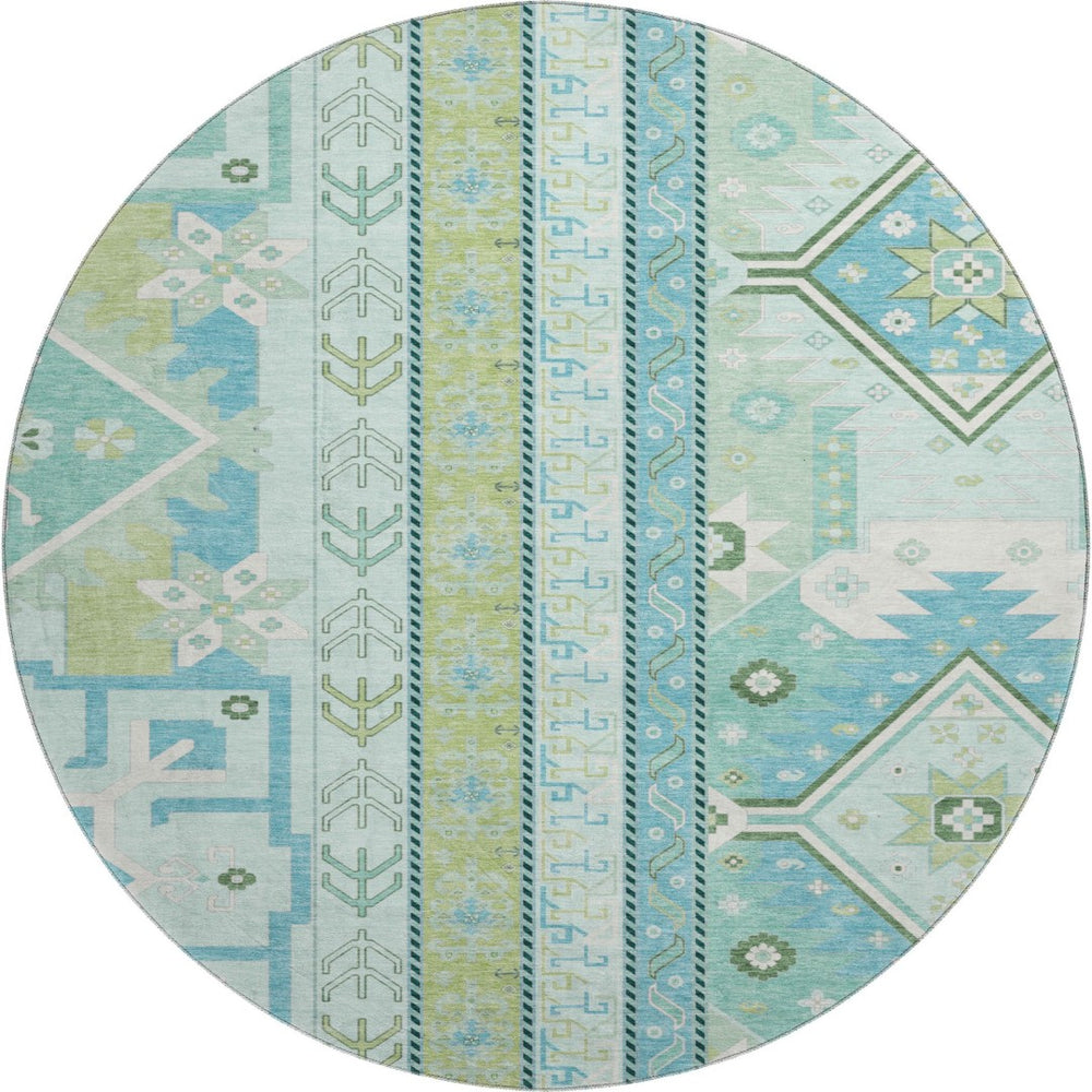 HomeRoots 8' Southwestern Round Rug in Mint Green, Ivory & Teal - Washable, UV-Protected for Active Homes 679639