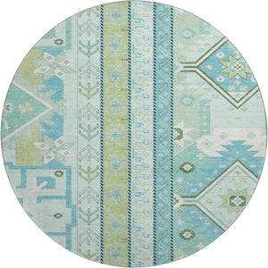 HomeRoots 8' Southwestern Round Rug in Mint Green, Ivory & Teal - Washable, UV-Protected for Active Homes 679639