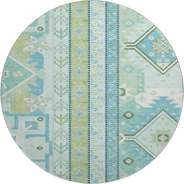 HomeRoots 8' Southwestern Round Rug in Mint Green, Ivory & Teal - Washable, UV-Protected for Active Homes 679639