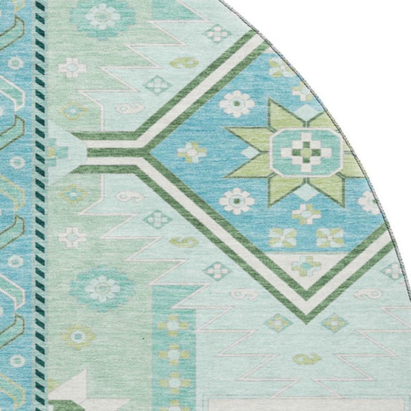 HomeRoots 8' Southwestern Round Rug in Mint Green, Ivory & Teal - Washable, UV-Protected for Active Homes 679639