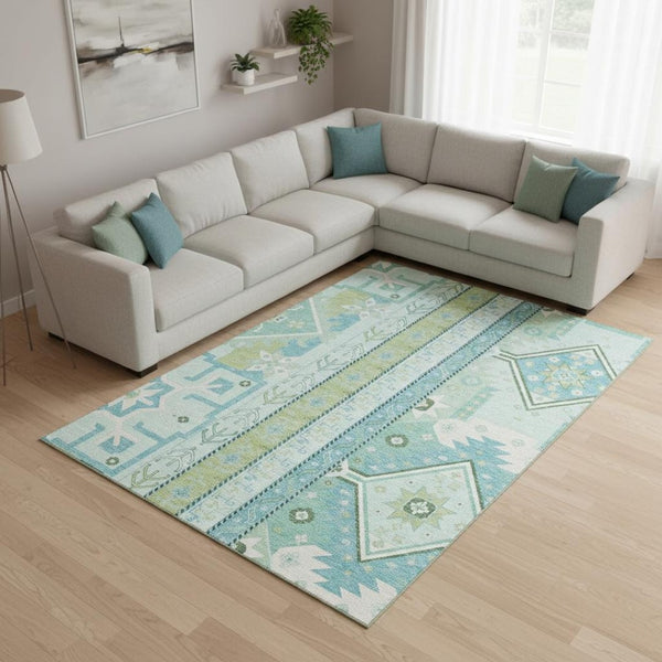 HomeRoots 8' X 10' Southwestern Area Rug in Mint Green, Ivory & Teal - Washable, UV-Protected & Stylish 679640