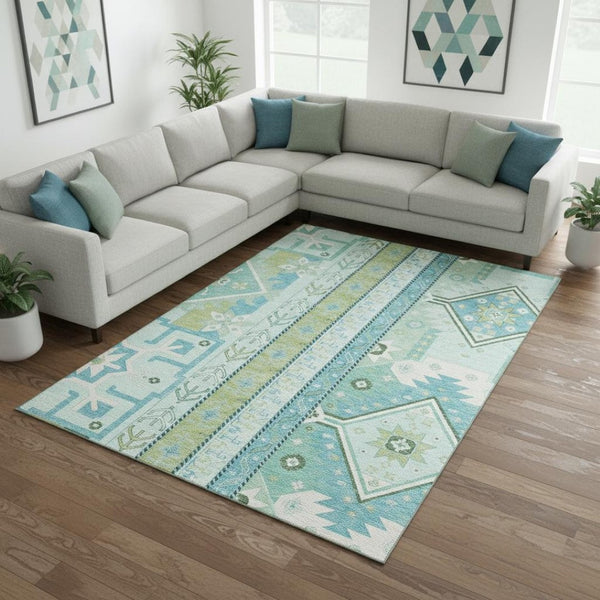 HomeRoots 9' X 12' Southwestern Washable Area Rug in Mint Green, Ivory & Teal – UV Protection & Easy Care! 679641