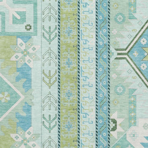 HomeRoots 9' X 12' Southwestern Washable Area Rug in Mint Green, Ivory & Teal – UV Protection & Easy Care! 679641