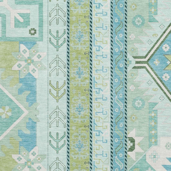 HomeRoots 9' X 12' Southwestern Washable Area Rug in Mint Green, Ivory & Teal – UV Protection & Easy Care! 679641