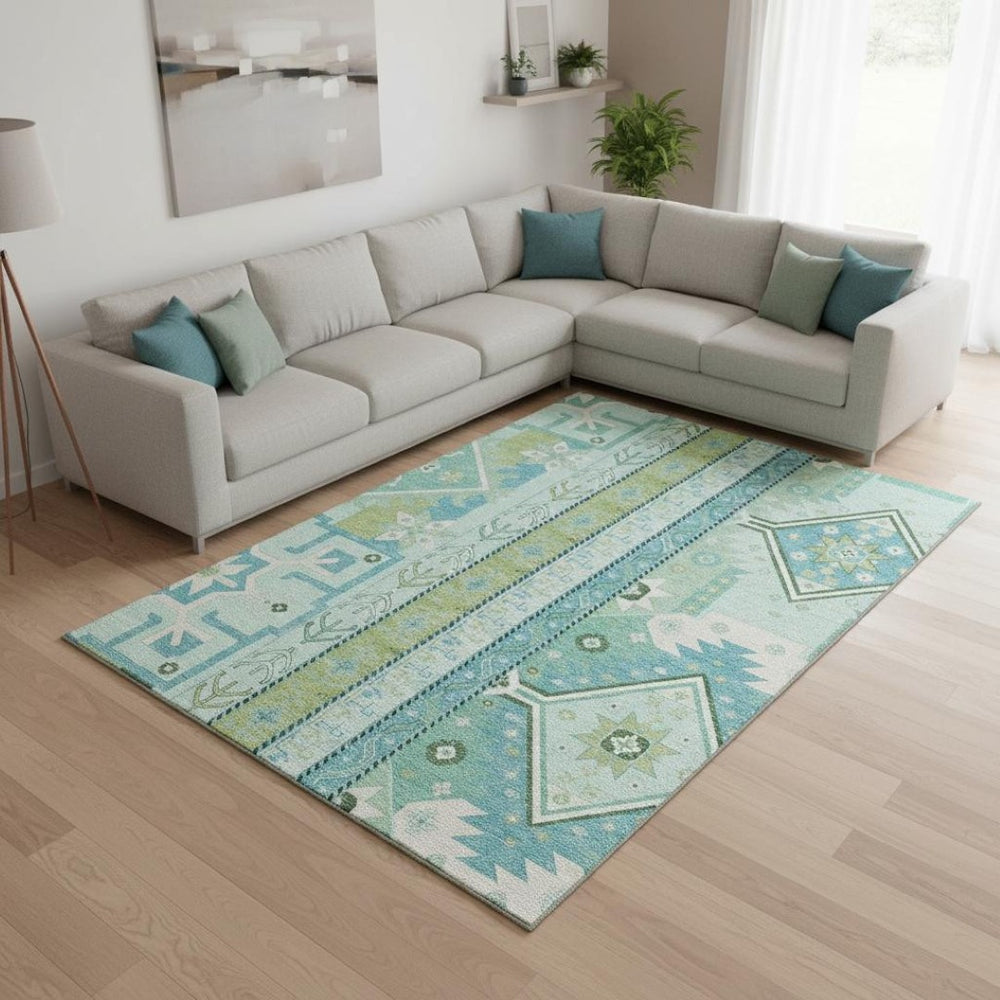 HomeRoots 10' Southwestern Area Rug in Mint Green, Ivory & Teal – Washable, Stain-Resistant, UV Protected! 679642