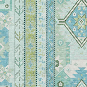 HomeRoots 10' Southwestern Area Rug in Mint Green, Ivory & Teal – Washable, Stain-Resistant, UV Protected! 679642
