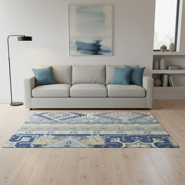 HomeRoots 5' X 8' Southwestern Area Rug in Navy Blue, Beige & Gray - Washable, UV-Protected, Pet-Friendly! 679644