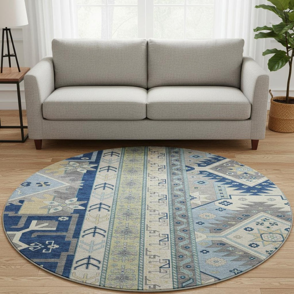 HomeRoots 8' Southwestern Washable Round Rug in Navy Blue, Beige & Gray with UV Protection for High Traffic Areas 679645