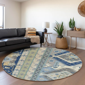 HomeRoots 8' Southwestern Washable Round Rug in Navy Blue, Beige & Gray with UV Protection for High Traffic Areas 679645
