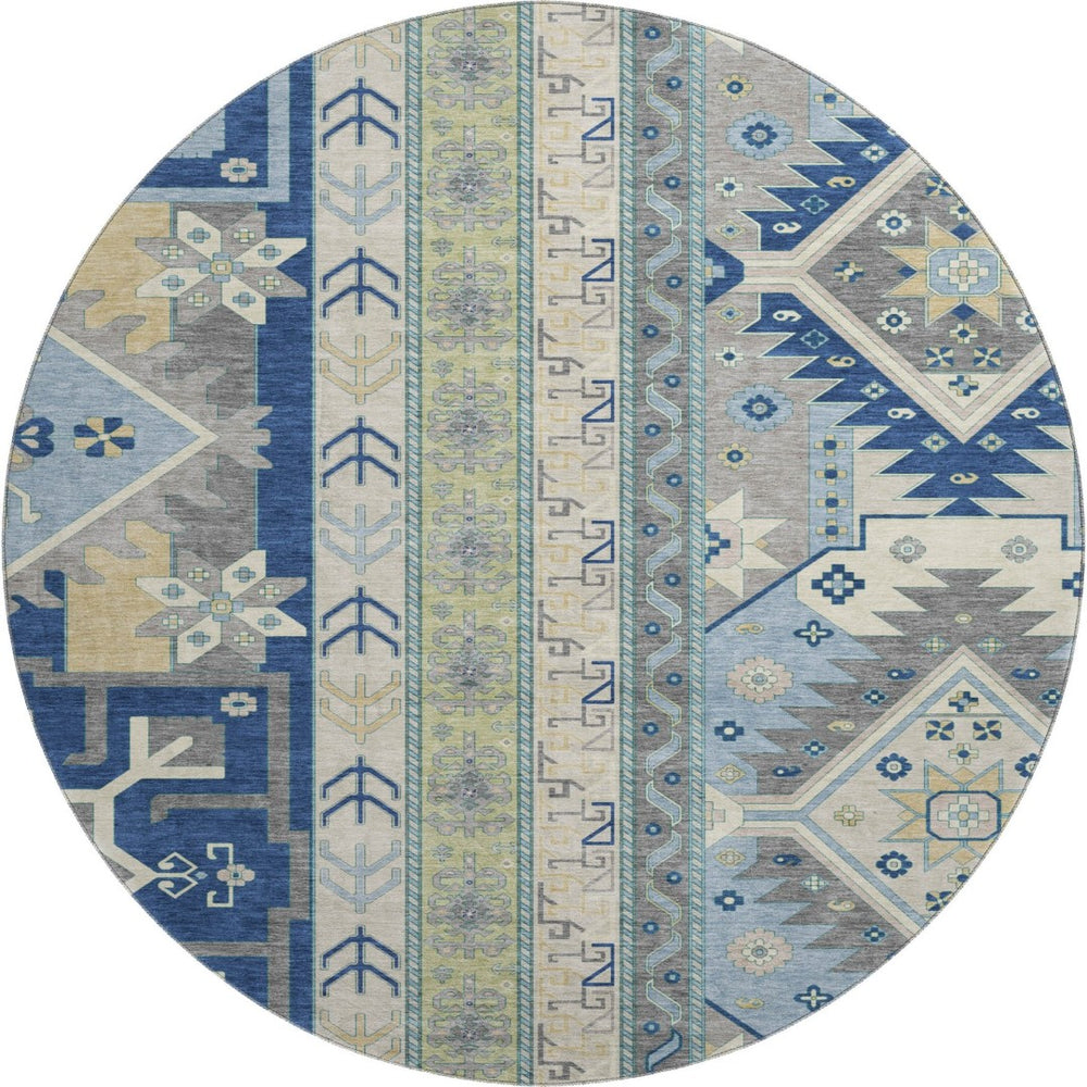 HomeRoots 8' Southwestern Washable Round Rug in Navy Blue, Beige & Gray with UV Protection for High Traffic Areas 679645