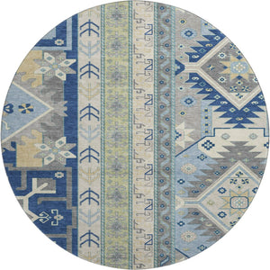 HomeRoots 8' Southwestern Washable Round Rug in Navy Blue, Beige & Gray with UV Protection for High Traffic Areas 679645