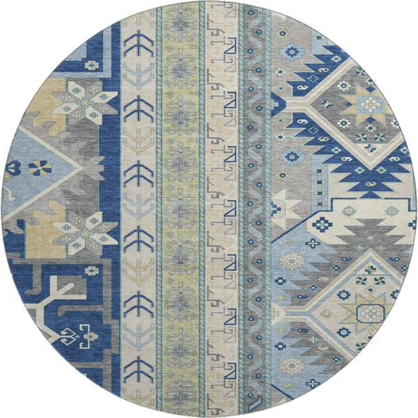 HomeRoots 8' Southwestern Washable Round Rug in Navy Blue, Beige & Gray with UV Protection for High Traffic Areas 679645