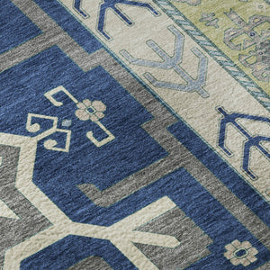 HomeRoots 8' Southwestern Washable Round Rug in Navy Blue, Beige & Gray with UV Protection for High Traffic Areas 679645