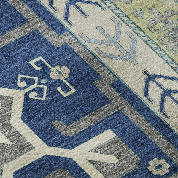 HomeRoots 8' Southwestern Washable Round Rug in Navy Blue, Beige & Gray with UV Protection for High Traffic Areas 679645