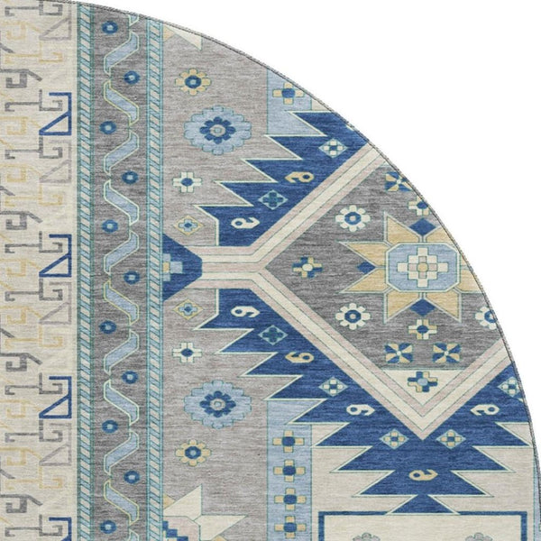 HomeRoots 8' Southwestern Washable Round Rug in Navy Blue, Beige & Gray with UV Protection for High Traffic Areas 679645