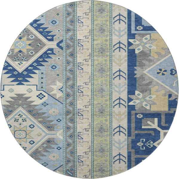 HomeRoots 8' Southwestern Washable Round Rug in Navy Blue, Beige & Gray with UV Protection for High Traffic Areas 679645