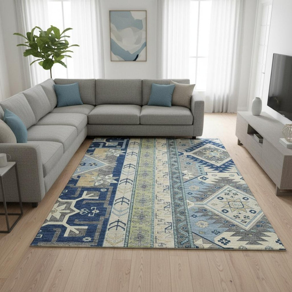 HomeRoots 8' X 10' Southwestern Washable Area Rug - Navy, Beige & Gray with UV Protection for High Traffic Areas 679646