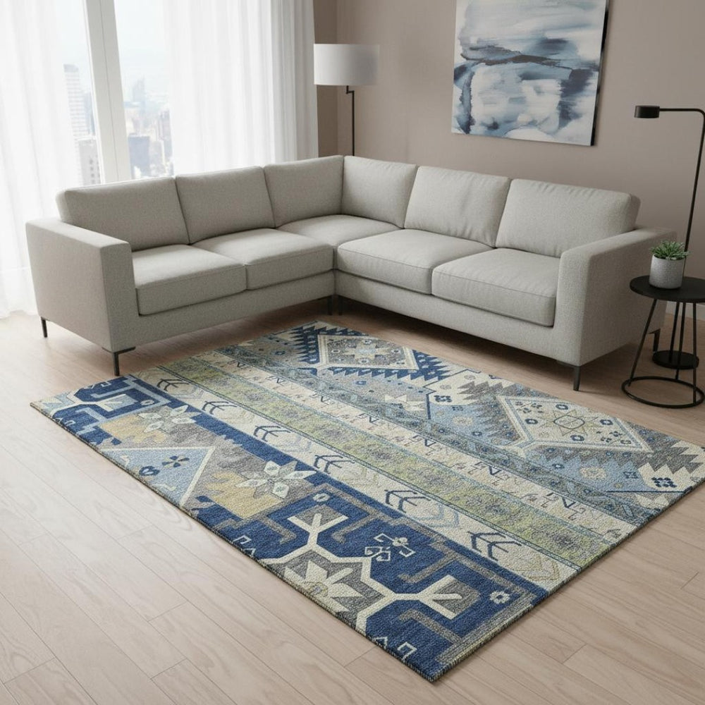 HomeRoots 9' X 12' Southwestern Area Rug in Navy, Beige & Gray - Washable, Durable, UV Protected & Stylish! 679647